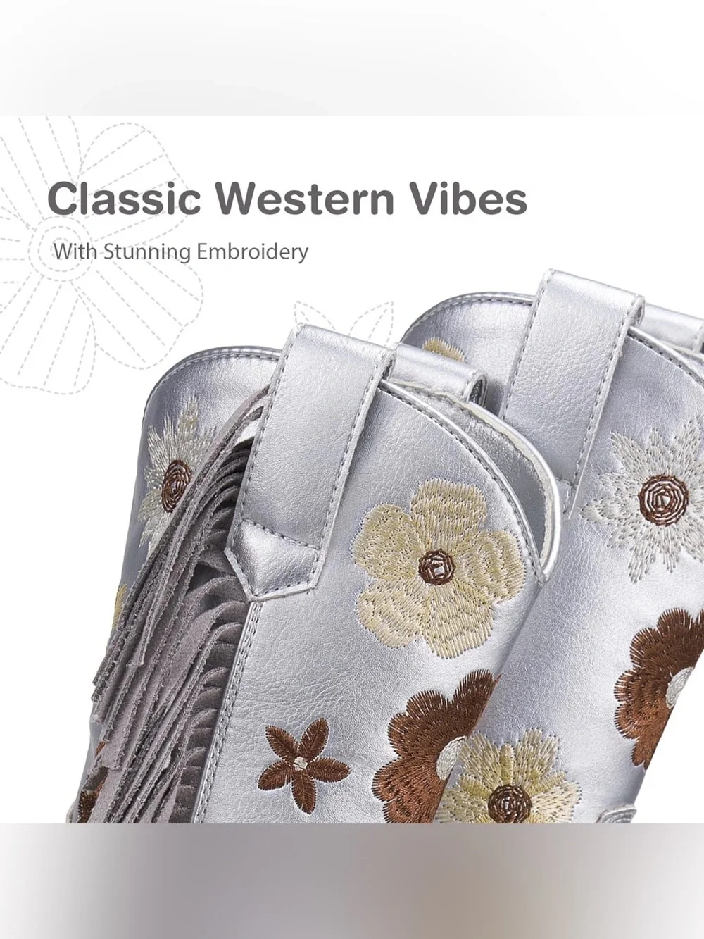 Rollda Silver Floral Embroidered Fringe Western Cowboy Boot Girl’s Size 4
